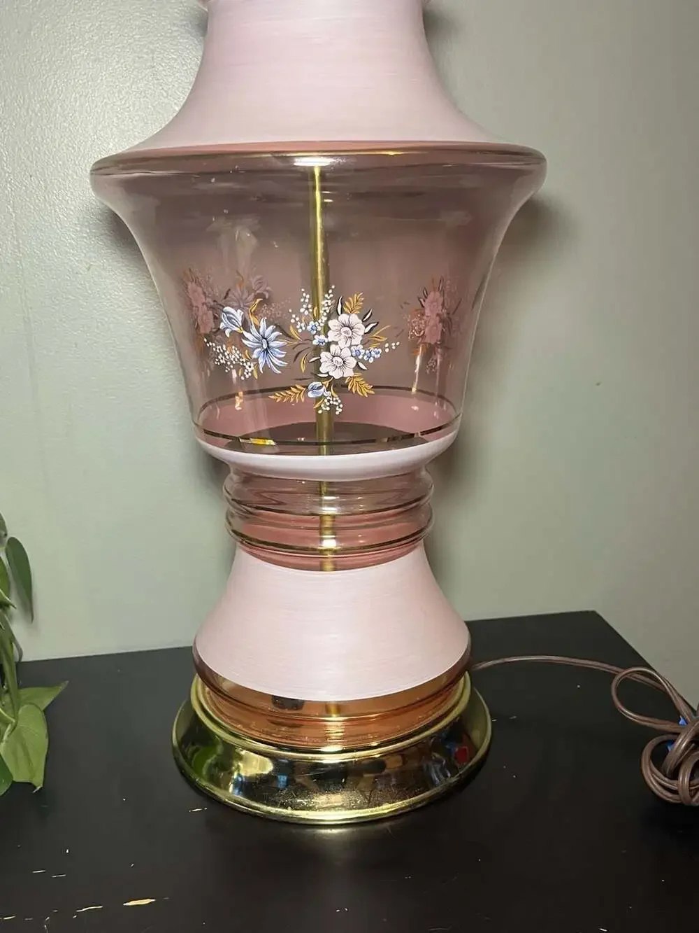 Vintage Pink Glass Floral Painted Table Lamp